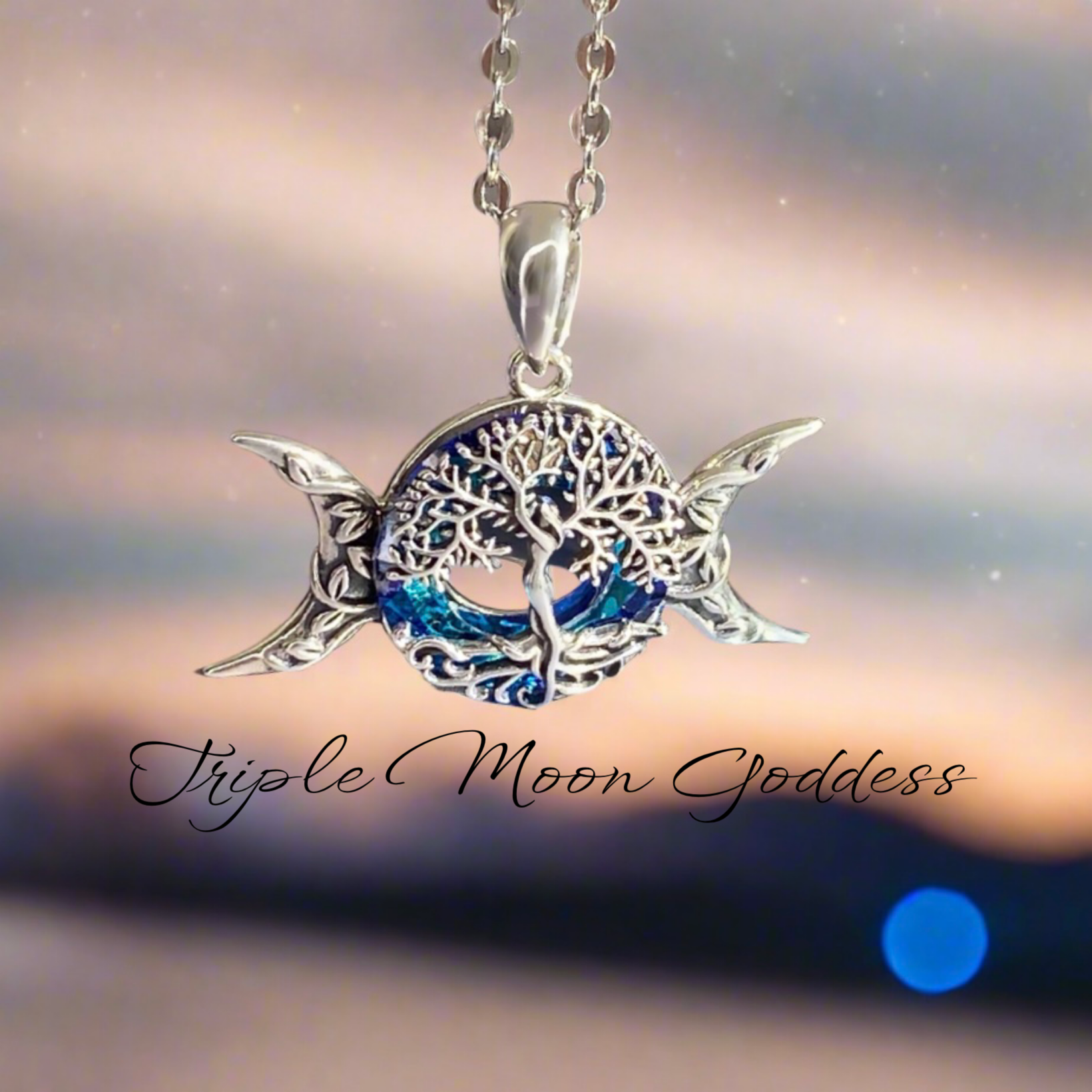 Triple Moon Goddess with Tree of Life Pendant Necklace