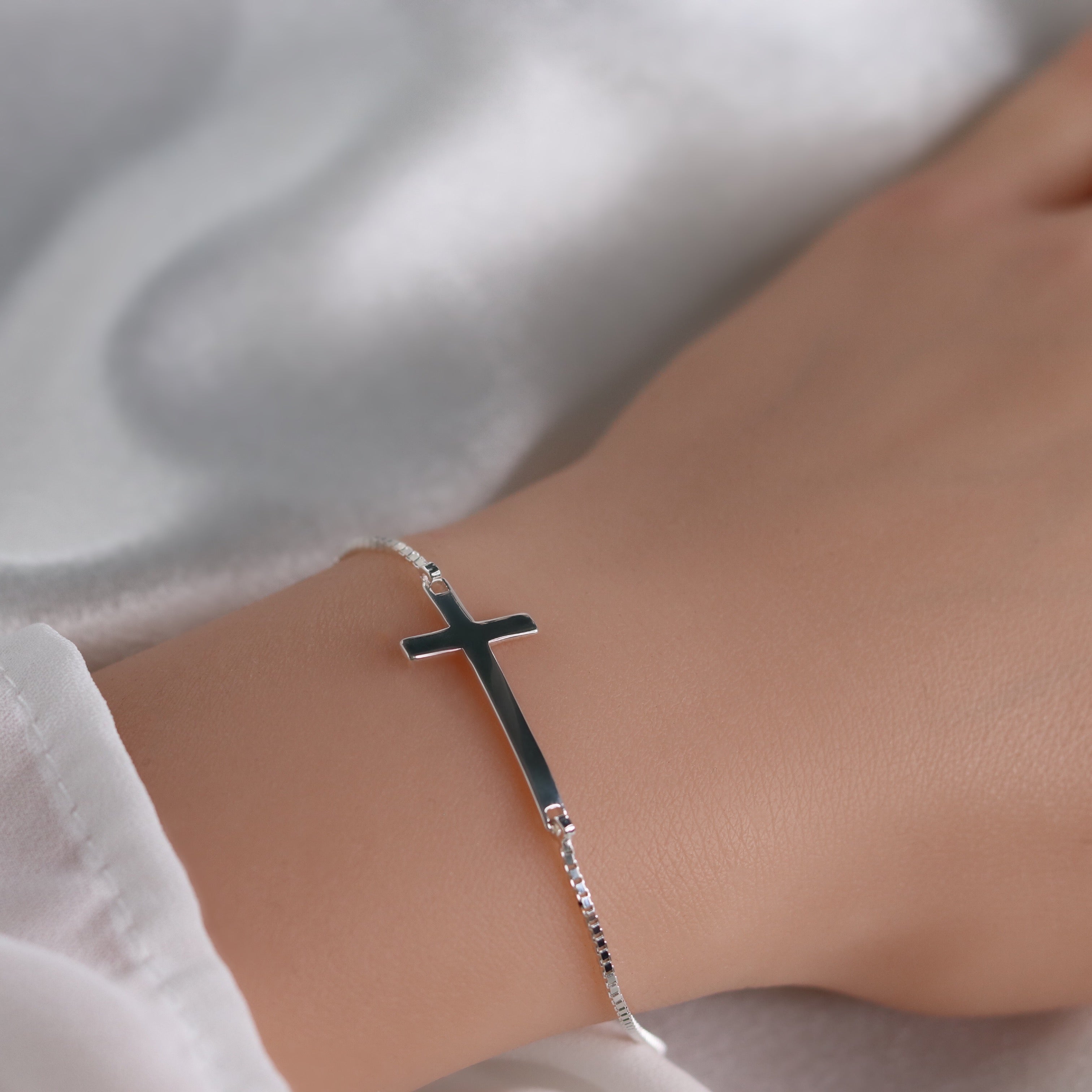 Sideways Silver Cross Bracelet