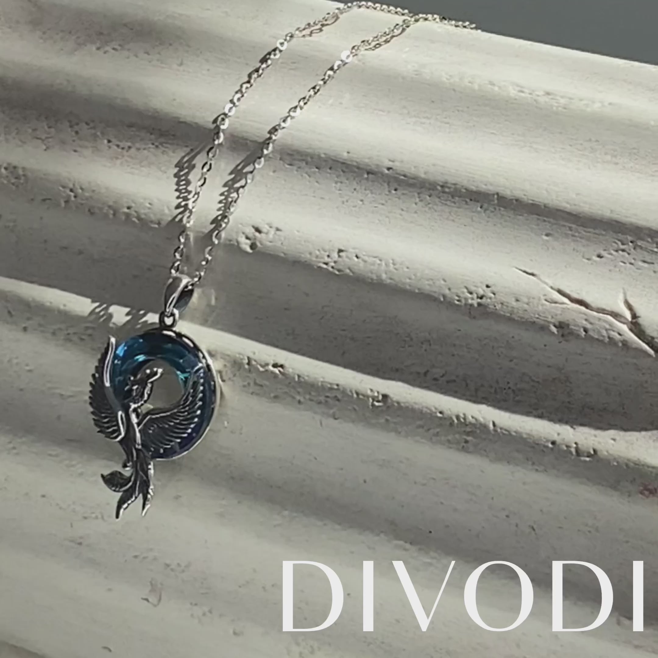 Phoenix Silver with Blue Crystal Pendant Necklace